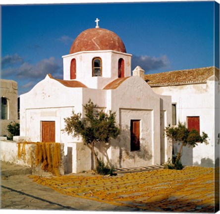 Framed Greece, Mykonos, Church, Fishing Nets Print