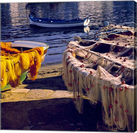 Framed Greece, Mykonos Fishing Nets on Boats Print