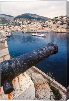 Framed Cannon, hydrofoil boat, harbor, Hydra Island, Greece Print