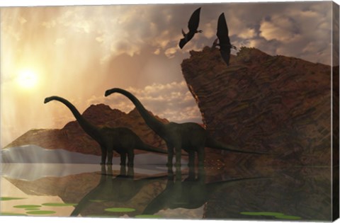 Framed Diplodocus Dinosaurs and Pterodactyl Birds Greet the Early Morning Mist Print