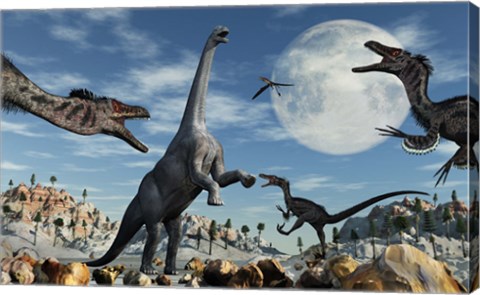 Framed Lone Camarasaurus Dinosaur is Confronted by a Pack of Velociraptors Print