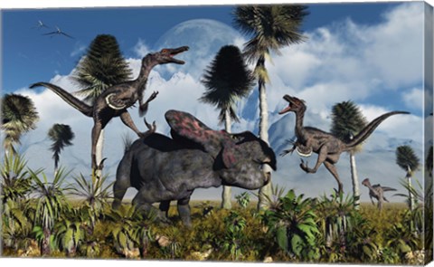 Framed Velociraptors Attack a Lone Protoceratops Print