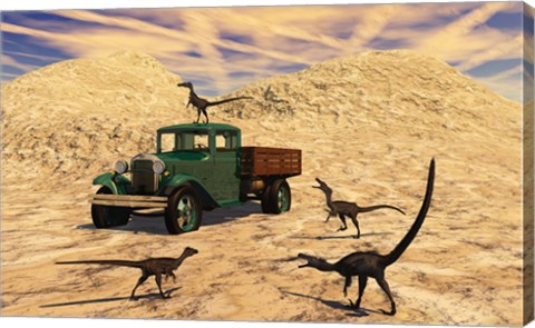 Framed Velociraptors React Curiously to a 1930&#39;s American Pickup Truck Print