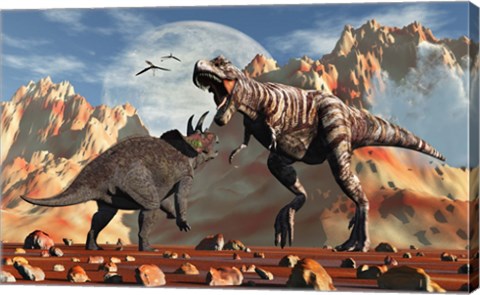 Framed T- Rex and Triceratops meet for a Battle 2 Print