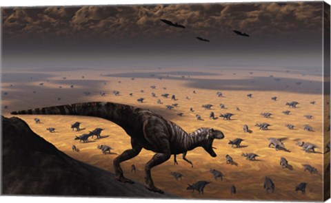 Framed lone T Rex looks down on a large Herd of Triceratops Print