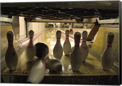 Framed Bowling Ball Hitting Bowling Pins Print