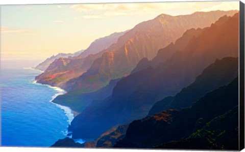 Framed Mountain range at sunrise, Na Pali Coast, Kauai, Hawaii, USA Print