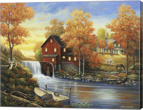 Framed Autumn Sunset At The Old Mill Print