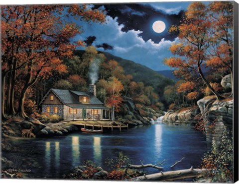 Framed Cabin By The Lake Print