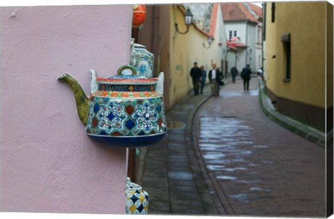 Framed Wall Decorated with Teapot and Cobbled Street in the Old Town, Vilnius, Lithuania II Print