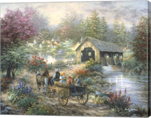 Framed Merriment At Covered Bridge Print