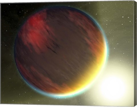 Framed cloudy Jupiter-like planet that orbits very close to its fiery hot star Print