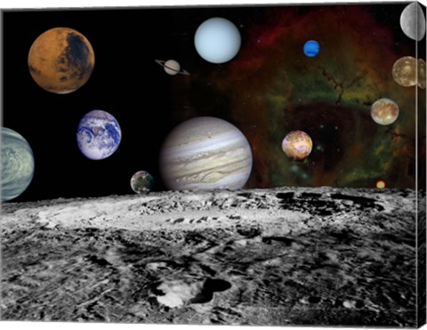 Framed Montage of the planets and Jupiter&#39;s Moons Print