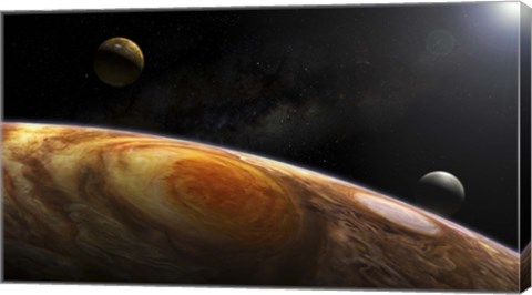 Framed Jupiter&#39;s Moons Lo and Europa hover over the Great Red Spot on Jupiter Print