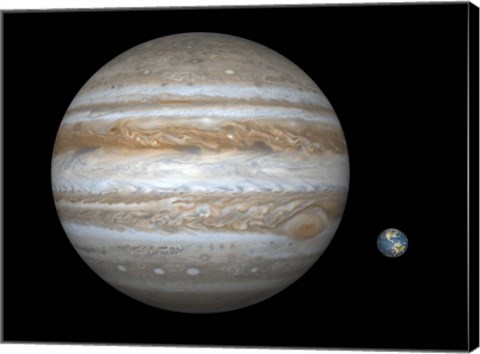 Framed Artist&#39;s concept Comparing the Size of the Gas Giant Jupiter with That of the Earth Print