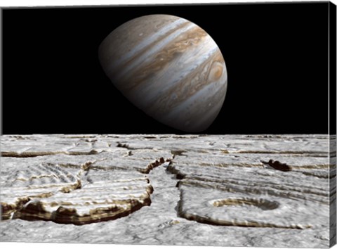 Framed Artist&#39;s concept of Jupiter as Seen Across the Icy Surface of its Moon Europa Print