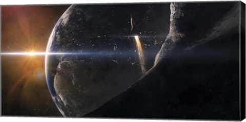 Framed Space Shuttle flying over an Asteroid that is passing close to Earth Print