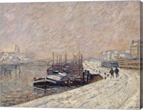 Framed Barges Under Snow Print