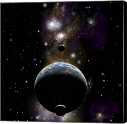 Framed Earth type world with two moons against a background of Nebula and stars Print