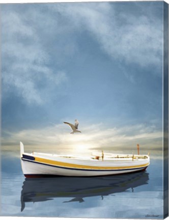 Framed White Boat in the Sunset Print