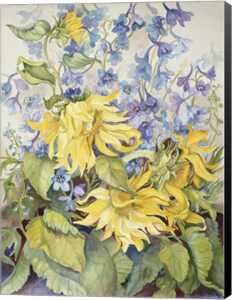 Framed Sunflowers &amp; Blue Delphinium Print