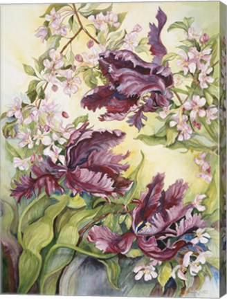 Framed Parrot Tulips With Cherry Blossoms Print
