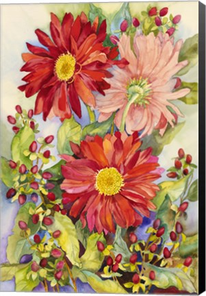 Framed Red Gerbera Daisies And Berries Print