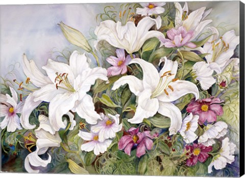 Framed White Lilies And Mixed Colored Cosmos Print