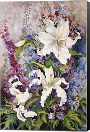 Framed White Oriental Lilies &amp; Pink And Purple Delphinium Print