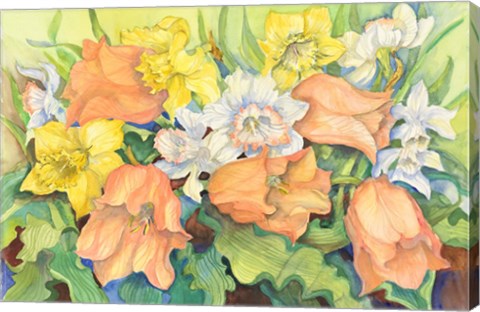 Framed Peach Tulips &amp; Daffodils Print