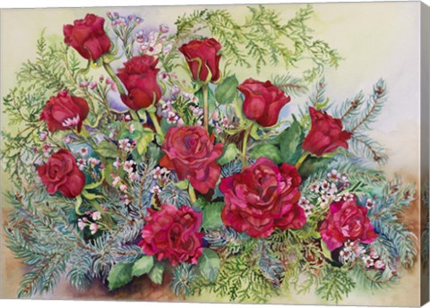 Framed Red Roses With Evergreens Print