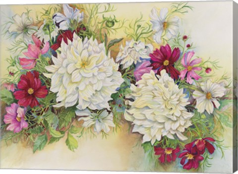 Framed White Dahlias And Cosmos Print