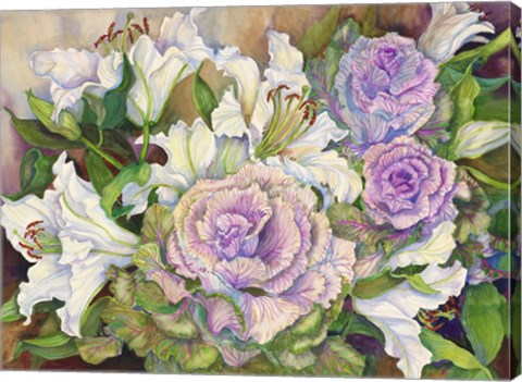 Framed Lilies With Ornamental Cabbage Print