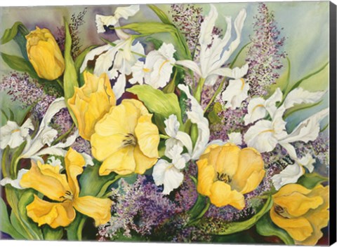 Framed Yellow Tulips, White Iris And Heather Print