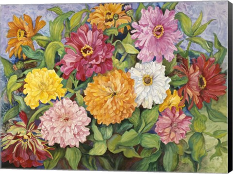 Framed Zinnias In A Pebbly Sky Print
