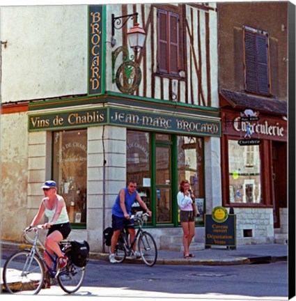Framed Wine Shop and Cycling Tourists, Chablis, France Print