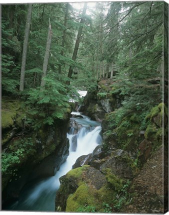 Framed Daytime Falls And Mossy Greenery Print