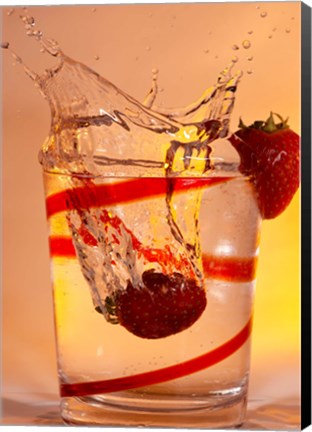 Framed Strawberry Splash In Red Swirl Glass I Print