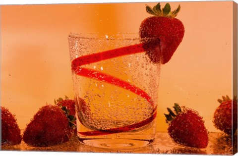 Framed Strawberries And Red Swirl Glass Print