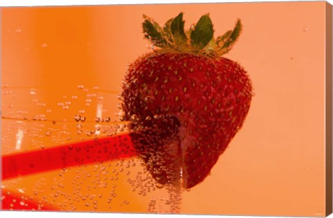 Framed Strawberry On Red Swirl Glass Print