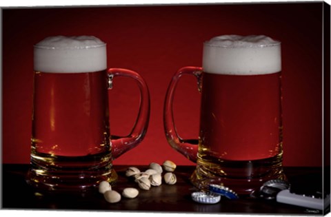 Framed Beer Mugs And Pistachio Nuts Print