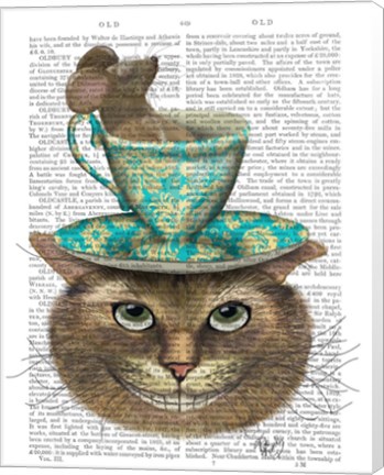 Framed Cheshire Cat with Cup on Head Print