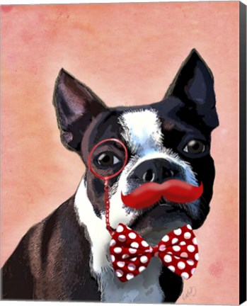 Framed Boston Terrier Portrait with Red Bow Tie and Moustache Print