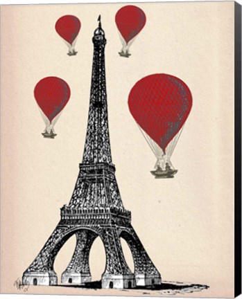 Framed Eiffel Tower and Red Hot Air Balloons Print