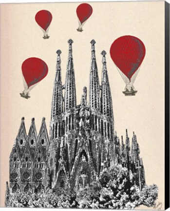 Framed Sagrada Familia and Red Hot Air Balloons Print