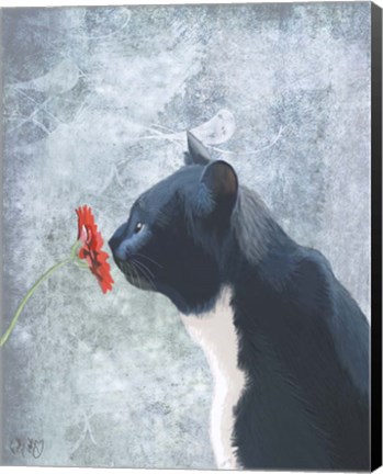 Framed Black Cat Sniffing Flower Print