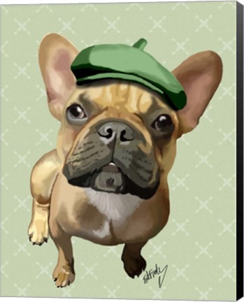 Framed Brown French Bulldog with Green Hat Print