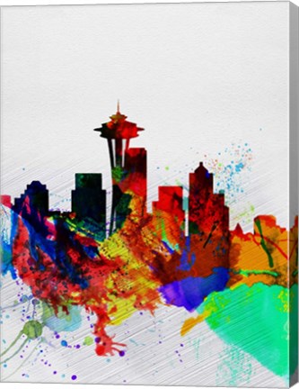 Framed Seattle Watercolor Skyline 2 Print