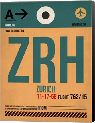 Framed ZRH Zurich Luggage Tag 1 Print