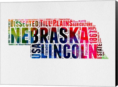 Framed Nebraska Watercolor Word Cloud Print